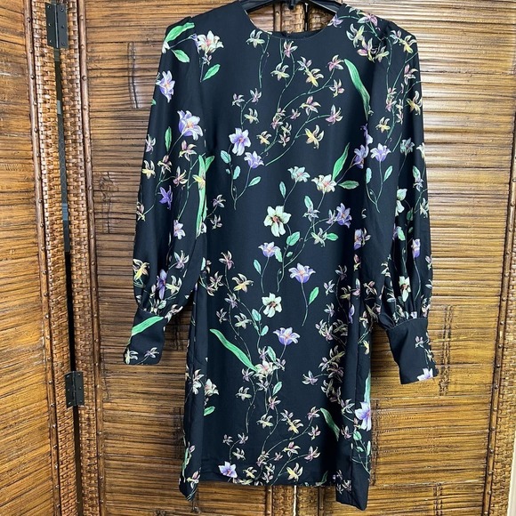 NWOT H&M Black Floral Print Long Ballon Sleeve Button Cuff Dress Whimsical 4 - Picture 3 of 6